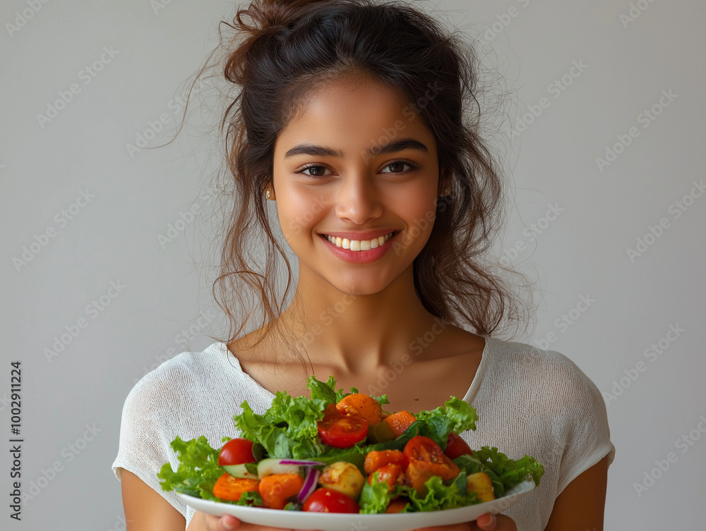 smiling woman holding a bowl of salad, healthy life smiling woman holding a bowl of salad, healthy life