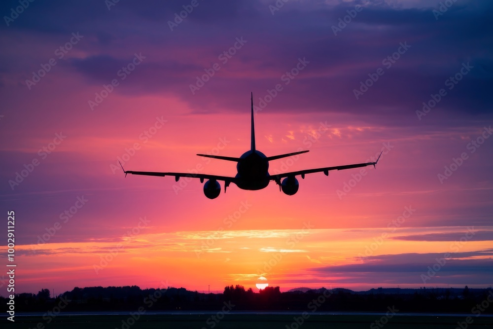 silhouette of a jet or comercial airplane take off against a dramatic sunset silhouette of a jet or comercial airplane take off against a dramatic sunset