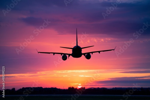 silhouette of a jet or comercial airplane take off against a dramatic sunset