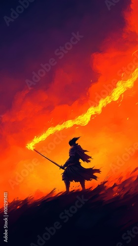 Warrior silhouette holding a torch against a vibrant fiery background.