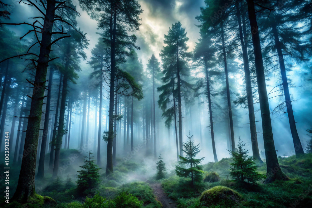 Fototapeta premium Dense dark woods with heavy mist swirling