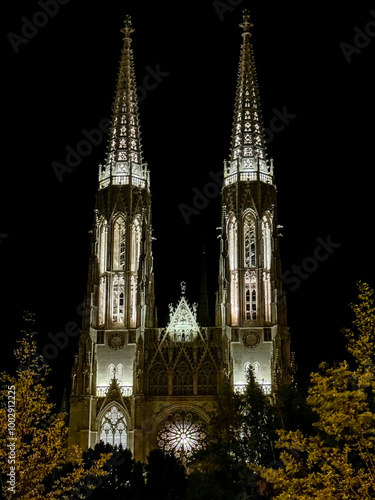 Photography Vienna, Austria - July 23, 2024: Nighttime exteriors of the Votive Church in Vie