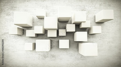 Abstract arrangement of floating cubes in varying shades and sizes creates a modern design on a neutral wall background