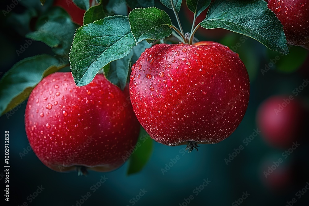 Two red apples hanging from a tree with water droplets on them Two red apples hanging from a tree with water droplets on them