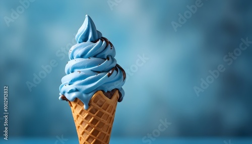A soft serve ice cream in a waffle cone against a blurred blue background