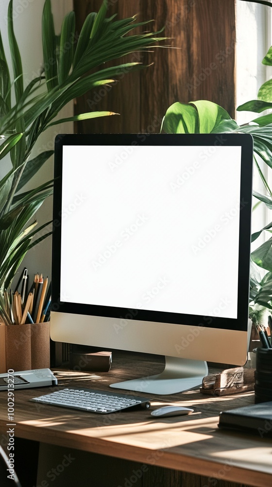 Fototapeta premium Modern workspace with sleek computer monitor surrounded by lush green plants, creating a harmonious blend of technology and nature in a home office setting.