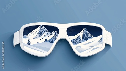 White ski goggles reflecting snow-covered peaks, minimalist blue background, symbolizing the thrill of skiing and the beauty of nature photo