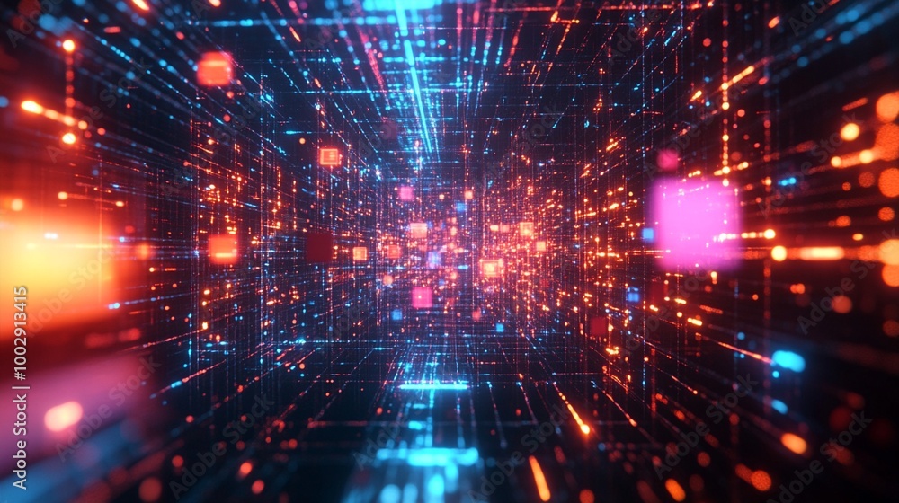 Futuristic digital matrix of glowing particles and light beams in vibrant colors, creating an illusion of depth and movement in cyberspace. Futuristic digital matrix of glowing particles and light beams in vibrant colors, creating an illusion of depth and movement in cyberspace.