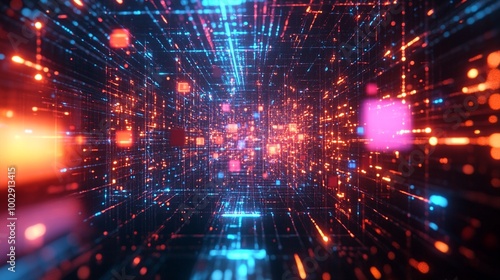 Futuristic digital matrix of glowing particles and light beams in vibrant colors, creating an illusion of depth and movement in cyberspace.