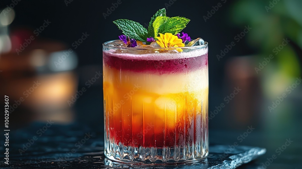Exquisite Layered Cocktail with Mint and Edible Flowers in Luxurious Lounge Exquisite Layered Cocktail with Mint and Edible Flowers in Luxurious Lounge