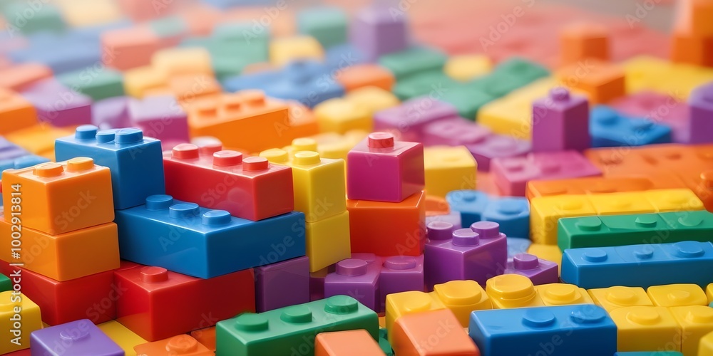 Colorful plastic building blocks in various shapes and sizes, creating a playful and creative background Colorful plastic building blocks in various shapes and sizes, creating a playful and creative background