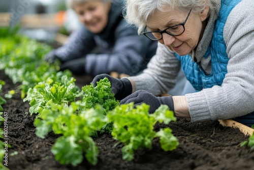 Wallpaper Mural Close-up of senior women friends planting vegetables in greenhouse at community garden, Generative AI Torontodigital.ca