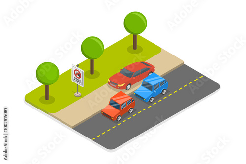 3D Isometric Flat Illustration of Outdoor Parking Rules, Incorrect Parked Car