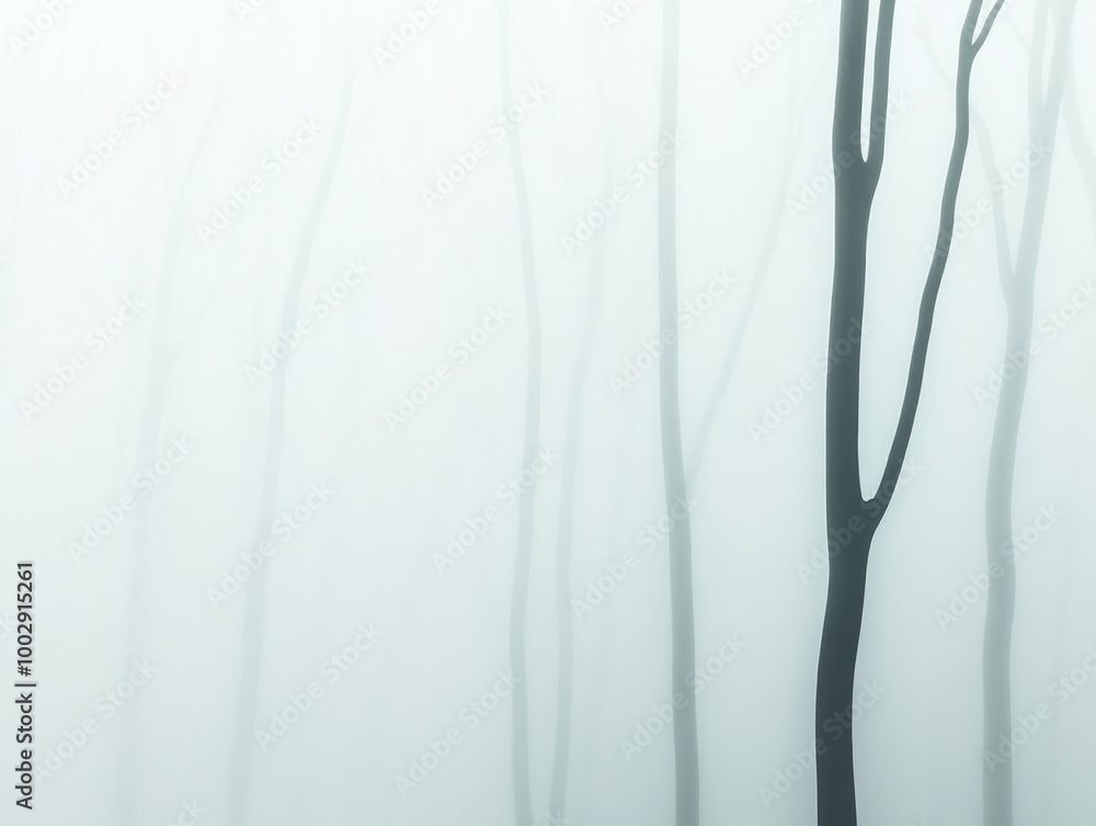 A serene foggy landscape with slender trees silhouetted against a misty backdrop, evoking calm and tranquility. A serene foggy landscape with slender trees silhouetted against a misty backdrop, evoking calm and tranquility.