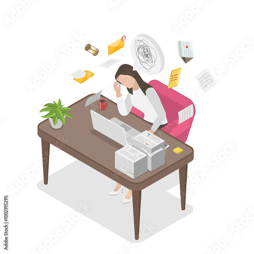 3D Isometric Flat  Illustration of Frustrated Overworked Woman, Stress Due to Burning Deadlines