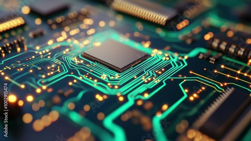 Close-up view of a modern circuit board highlighting intricate patterns and glowing connections with a futuristic aesthetic.