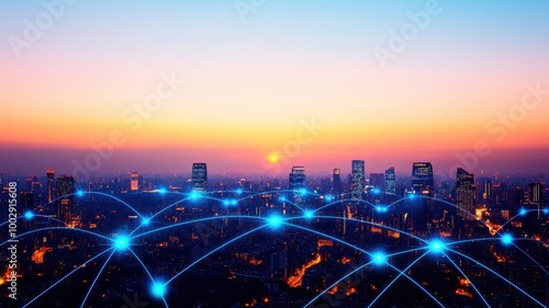 A stunning city skyline at sunset, showcasing a network of connections representing technology and communication.