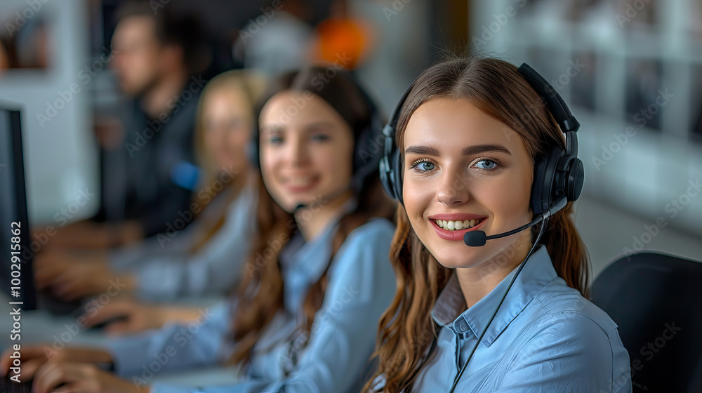 Smiling woman at a call center, wearing a headset and looking at the camera, embodies customer service professionalism. Smiling woman at a call center, wearing a headset and looking at the camera, embodies customer service professionalism.
