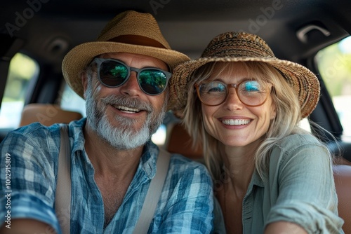 Middle-aged couple sitting in trunk while waiting for charging car before travelling on summer holiday, Generative AI photo