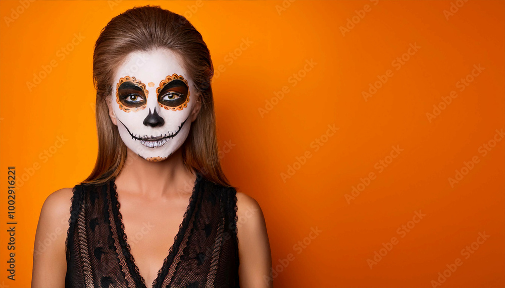 A woman with long brown hair, wearing orange and black skull face paint, stands against an orange background. She is dressed in a black lace top, positioned on the left side. Copy space on the right A woman with long brown hair, wearing orange and black skull face paint, stands against an orange background. She is dressed in a black lace top, positioned on the left side. Copy space on the right