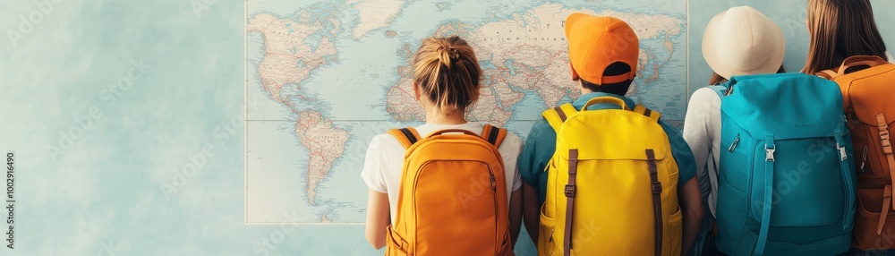 Four travelers with backpacks admire a world map, planning their next adventure in a colorful and vibrant setting. Four travelers with backpacks admire a world map, planning their next adventure in a colorful and vibrant setting.
