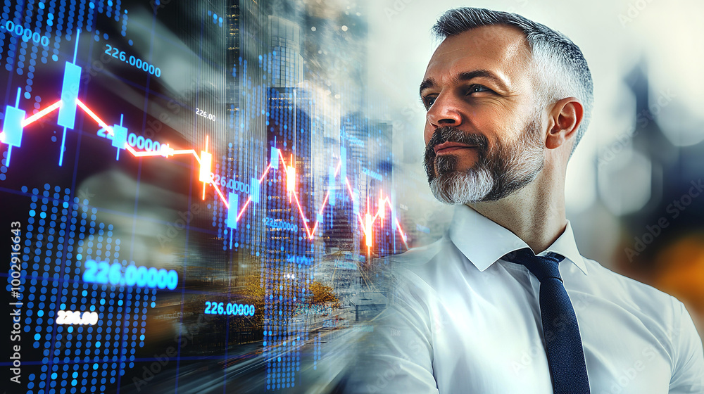 Fototapeta premium Successful, confident businessman looks positive at market growths lines, financial reports, financial predictions. Business concept 