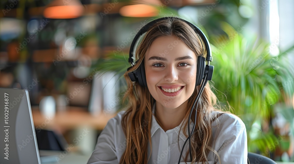 Smiling young woman in headphones working on a computer in a modern office. Vibrant workspace with plants and natural light. Smiling young woman in headphones working on a computer in a modern office. Vibrant workspace with plants and natural light.