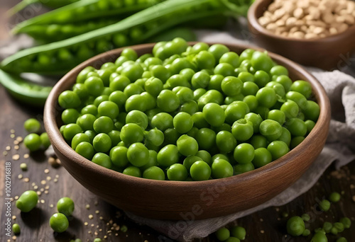 Freshly harvested green peas in a wooden bowl with scattered peas and pods on a rustic table ready for cooking