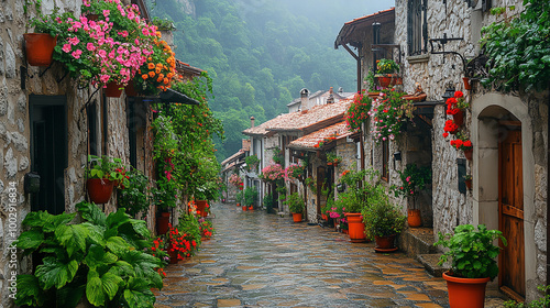 Fototapeta Naklejka Na Ścianę i Meble -  Beautiful Italian street of old village in mountains. Façades decorated with flowers and pots