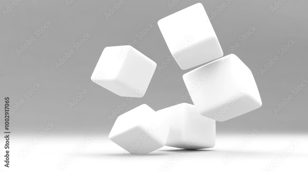 Minimalist 3D composition of white cubes floating in an abstract arrangement against a gray background Minimalist 3D composition of white cubes floating in an abstract arrangement against a gray background