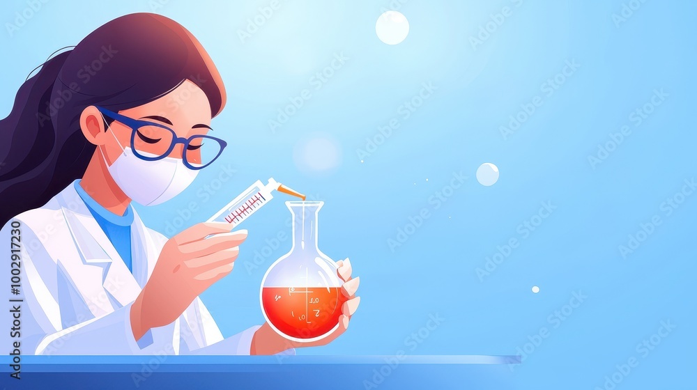 Scientist conducting an experiment with a flask and liquid, blue background. Scientist conducting an experiment with a flask and liquid, blue background.