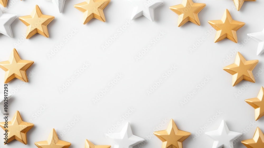 A decorative arrangement of golden and white stars on a minimalistic background. Perfect for festive or celebratory themes. A decorative arrangement of golden and white stars on a minimalistic background. Perfect for festive or celebratory themes.