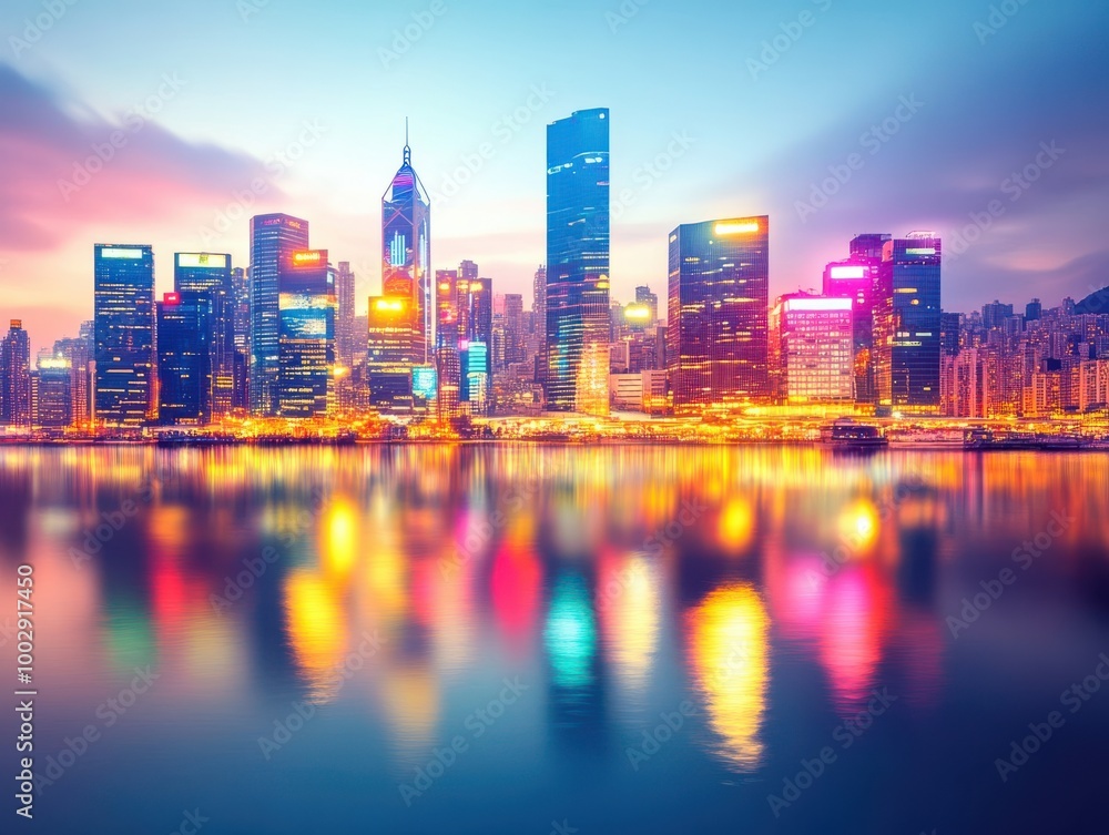 Obraz premium Vibrant city skyline reflecting on water during twilight, showcasing modern skyscrapers and colorful lights in the atmosphere.