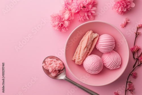 Three pink ice cream scoops paired with cherry blossoms adorn a stylish setup, creating an inviting, sweet atmosphere. photo