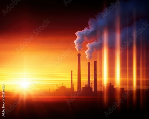 Silhouette of factory smokestacks against a vibrant sunset sky.