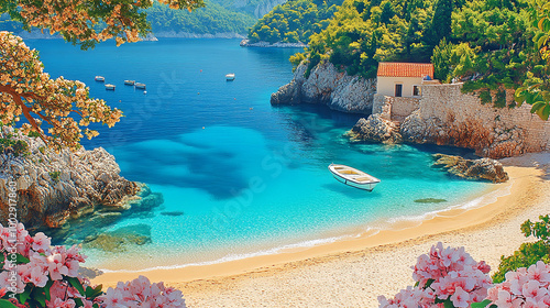 Fototapeta Naklejka Na Ścianę i Meble -  Beautiful white sand beach in Italy, bay and old village at sunny day 