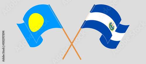 Crossed and waving flags of Palau and Republic of El Salvador. Vector illustration photo