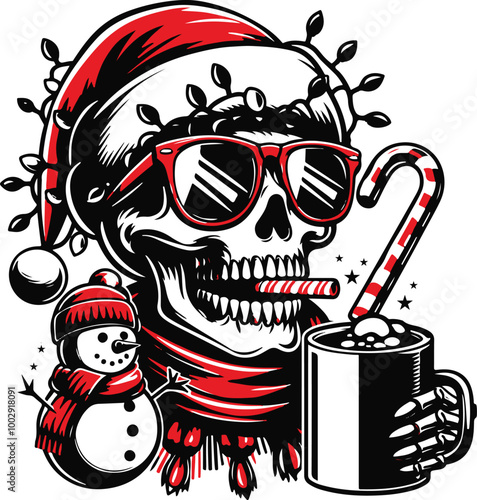 Christmas stock photo of a skull wearing a Santa hat, red scarf, sunglasses, and coffee