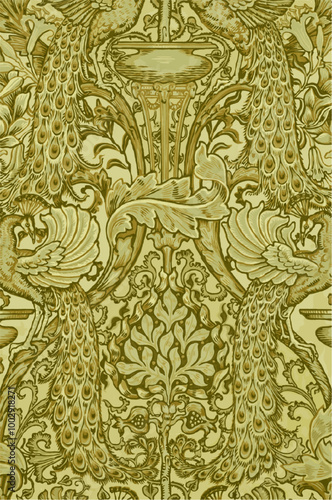  vintage peacock wallpaper with intricate floral pattern in green and gold. perfect for adding history & sophistication to home decor.