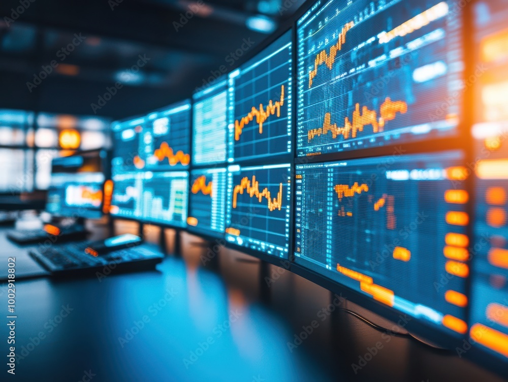 A modern trading setup with multiple screens displaying financial charts and data, ideal for business and technology themes. A modern trading setup with multiple screens displaying financial charts and data, ideal for business and technology themes.