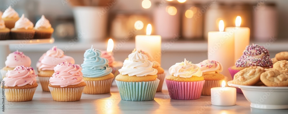 Colorful cupcakes with creamy frosting arranged elegantly beside soft candlelight, perfect for celebrations and sweet moments. Colorful cupcakes with creamy frosting arranged elegantly beside soft candlelight, perfect for celebrations and sweet moments.