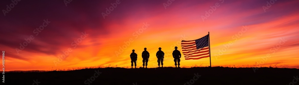Silhouetted figures against a vibrant sunset with an American flag, symbolizing freedom and unity. Silhouetted figures against a vibrant sunset with an American flag, symbolizing freedom and unity.