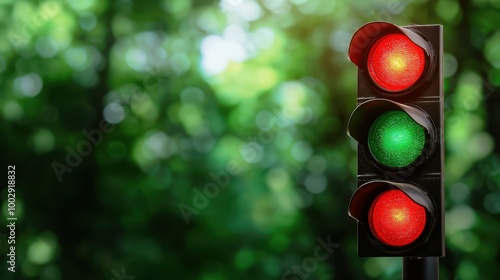 Traffic light with red and green signals against a blurred green backdrop