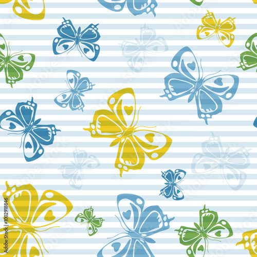 Flying simple butterfly silhouettes over striped background vector seamless p...