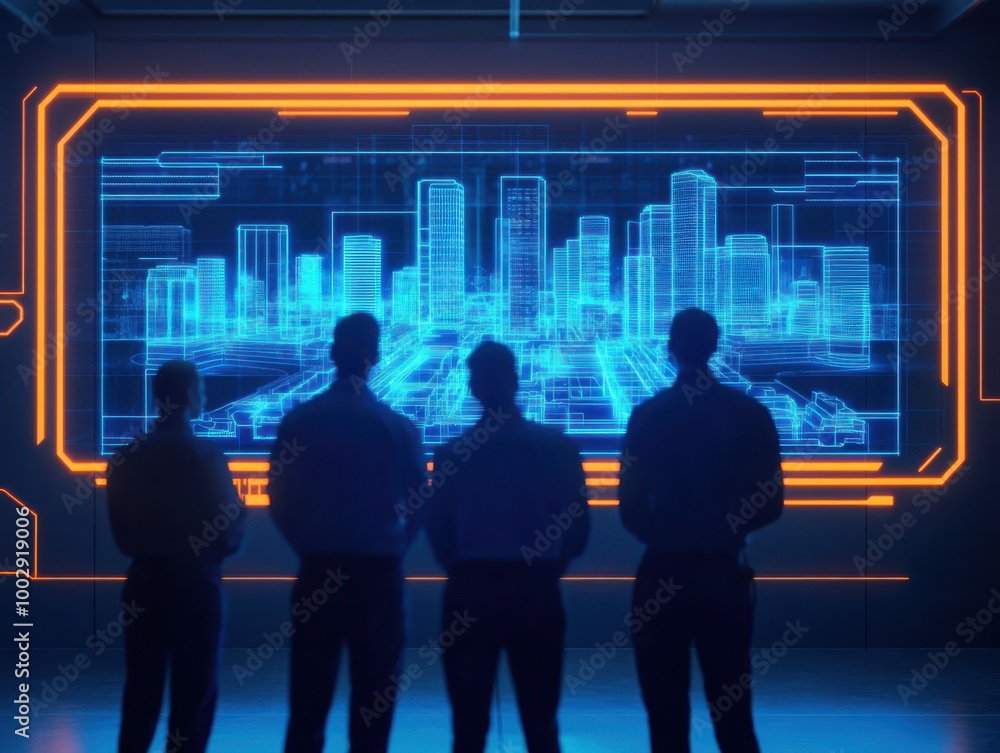 Professionals observing a futuristic cityscape hologram display in a modern tech environment. Professionals observing a futuristic cityscape hologram display in a modern tech environment.