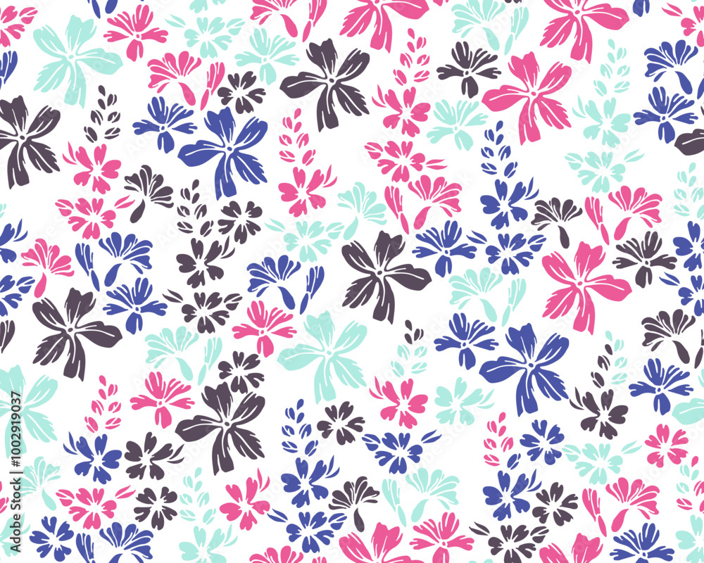 Small field buttercup flowers endless ornament vector design. Millefleurs pretty motif. Country-style wallpaper print with flower racemes. Forget-me-nots blossom spring print. Small field buttercup flowers endless ornament vector design. Millefleurs pretty motif. Country-style wallpaper print with flower racemes. Forget-me-nots blossom spring print.