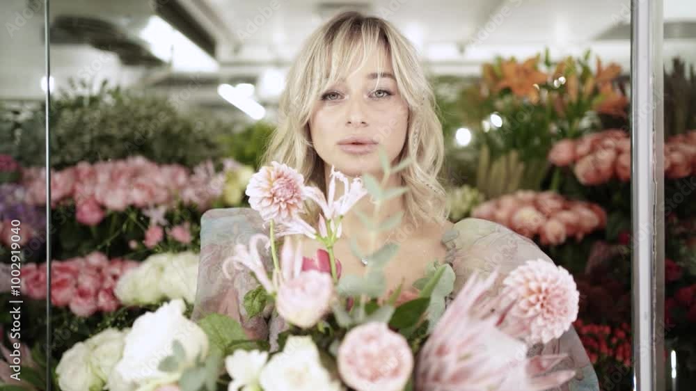Young Florist Girl Enjoying Flowers in Shop Young Florist Girl Enjoying Flowers in Shop