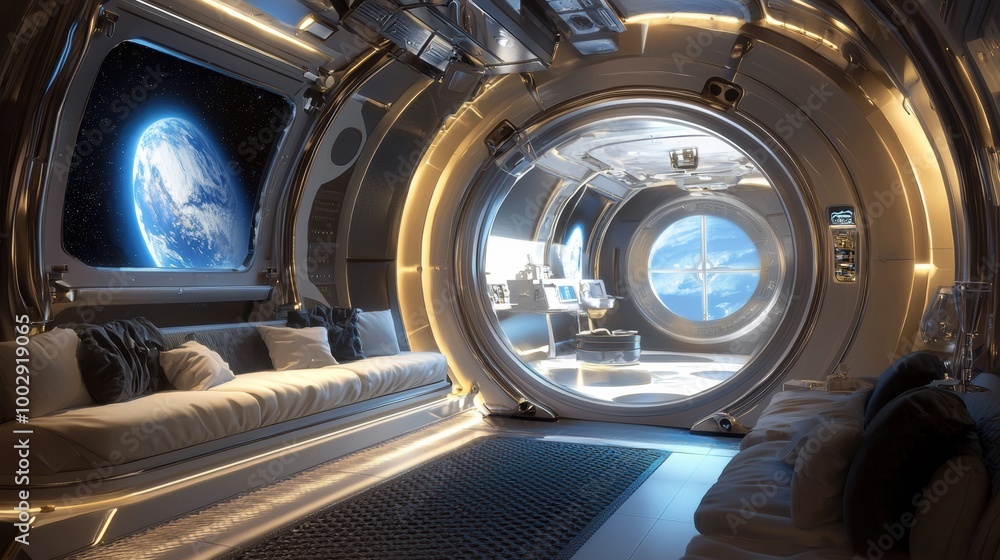 Futuristic Spacecraft Cabin with Cosmic Interior and Geometric Design Futuristic Spacecraft Cabin with Cosmic Interior and Geometric Design
