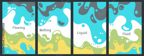 Melting dynamic waves pattern summer covers. Bubble splashes and streams vector templates set. Fluid liquid flowing paint patterns. Wavy surface posters. Fluid droplets, melting shapes