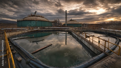 A detailed view of large sludge digesters, designed for anaerobic digestion. The tanks are sealed and equipped with gas collection systems, with pipes leading to energy recovery units nearby.